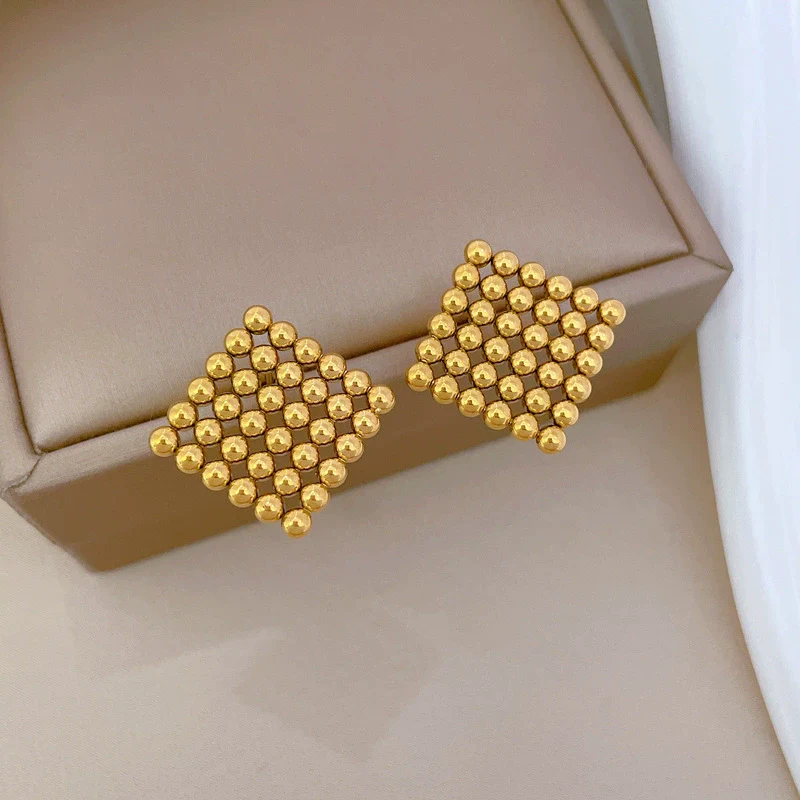 Titanium Steel Geometric Square Round Beads Electroplated Minimalist Earrings For Men And Women