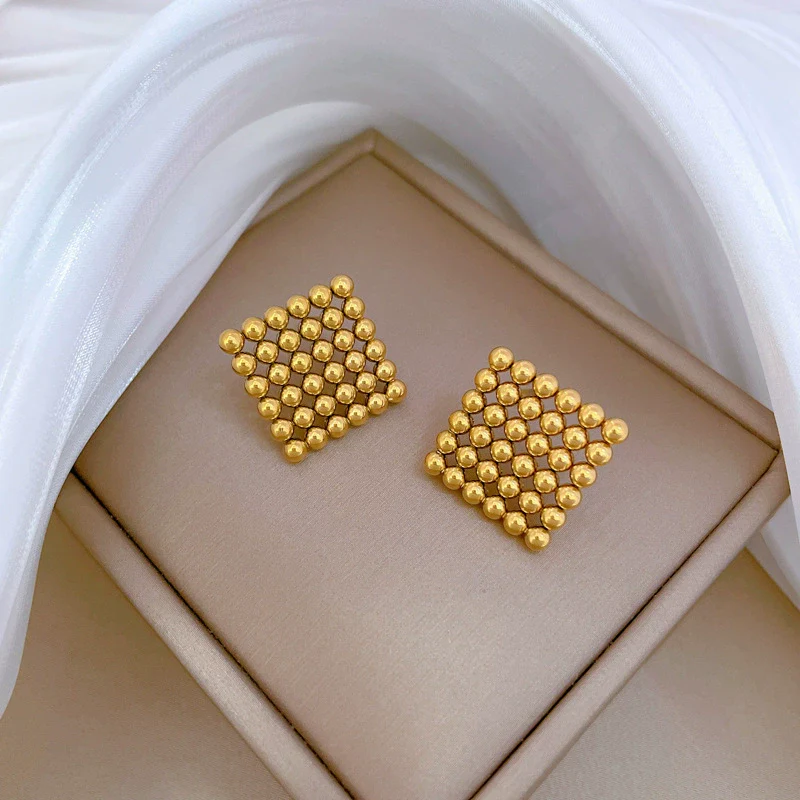 Titanium Steel Geometric Square Round Beads Electroplated Minimalist Earrings For Men And Women - Image 2