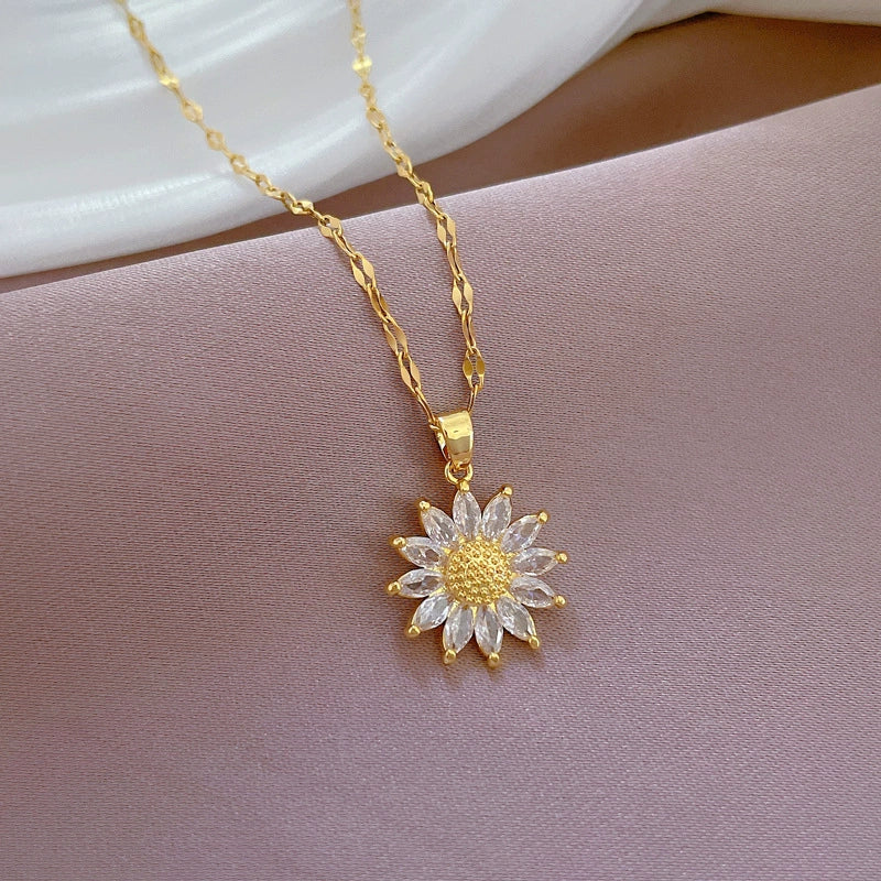 Titanium Steel Geometric Style Sunflower Pendant Women's Necklace With Diamond Treatment - Image 3