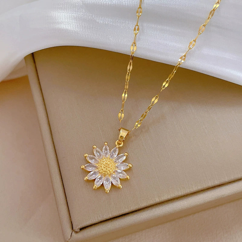 Titanium Steel Geometric Style Sunflower Pendant Women's Necklace With Diamond Treatment - Image 4
