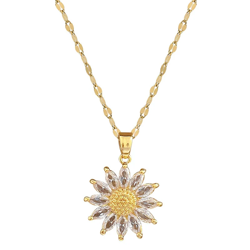 Titanium Steel Geometric Style Sunflower Pendant Women's Necklace With Diamond Treatment - Image 5
