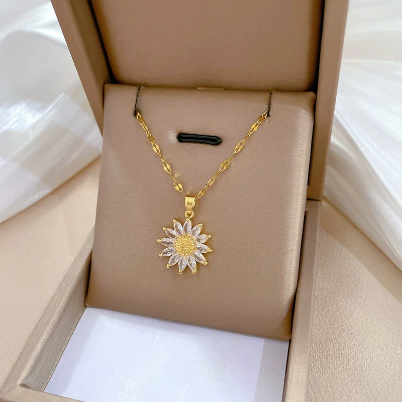 Titanium Steel Geometric Style Sunflower Pendant Women's Necklace With Diamond Treatment - Image 6