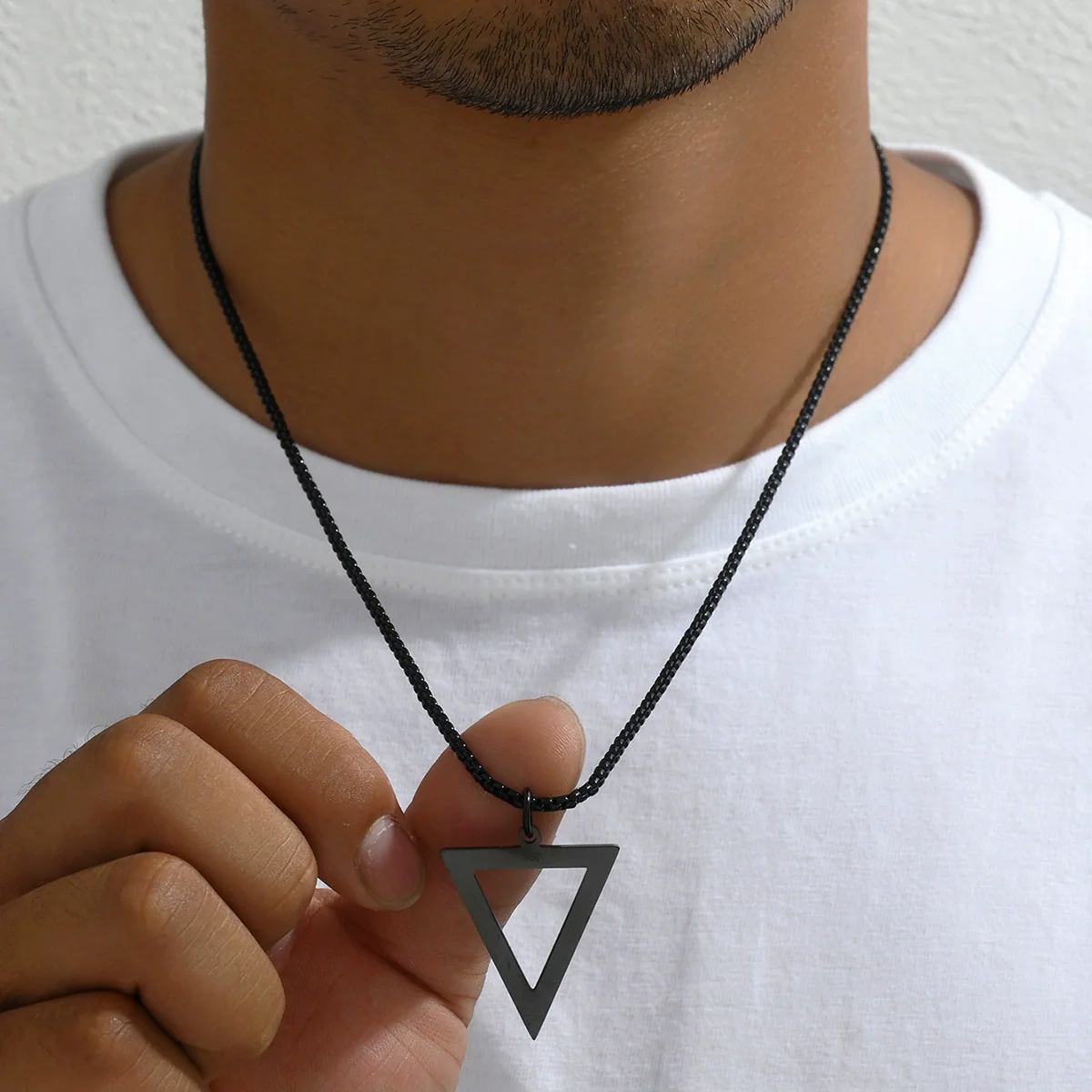 Titanium Steel Geometric Triangle Pendant Necklace With Pearl Chain Electroplated For Unisex Personality Jewelry - Image 2