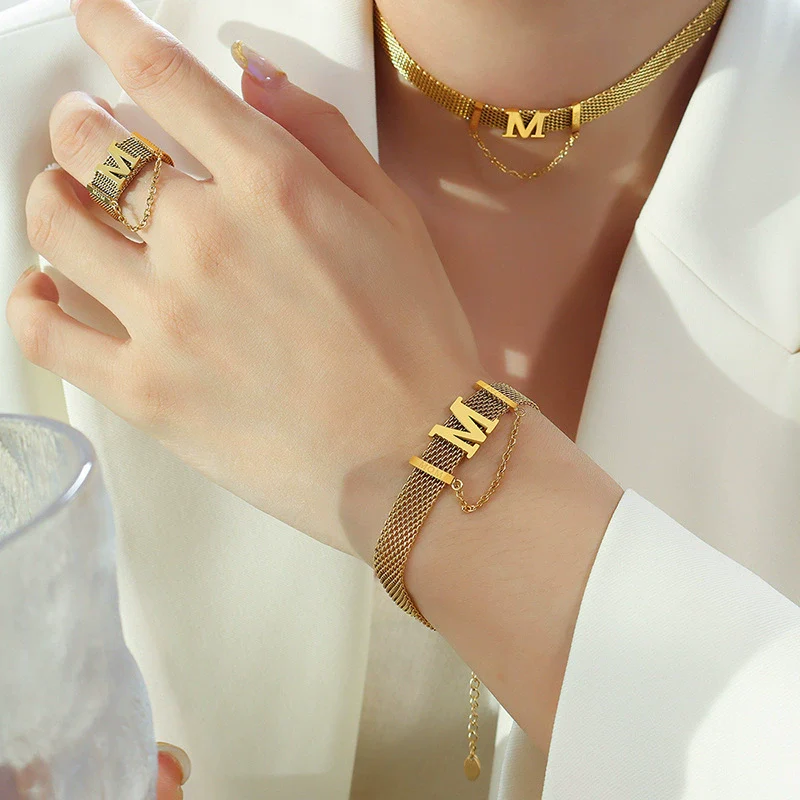 Titanium Steel Gold Plated Women's Jewelry Set With Letter M Tassel Pearl Collar Necklace And Bracelet