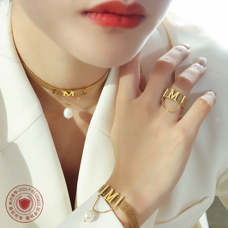 Titanium Steel Gold Plated Women's Jewelry Set With Letter M Tassel Pearl Collar Necklace And Bracelet - Image 2