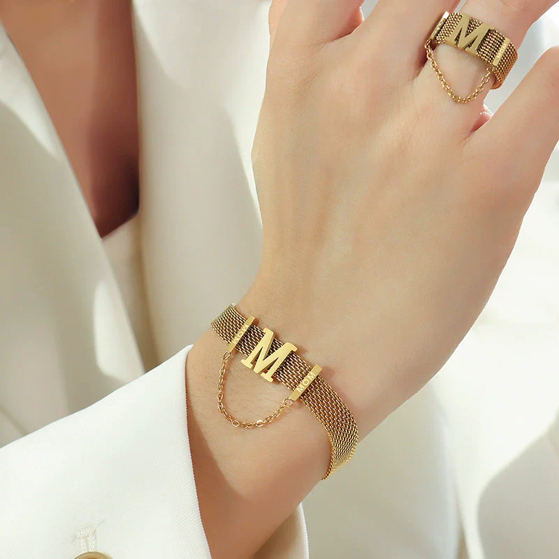 Titanium Steel Gold Plated Women's Jewelry Set With Letter M Tassel Pearl Collar Necklace And Bracelet - Image 3