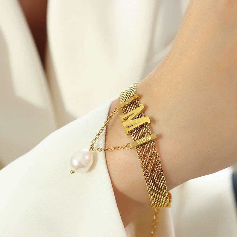 Titanium Steel Gold Plated Women's Jewelry Set With Letter M Tassel Pearl Collar Necklace And Bracelet - Image 6