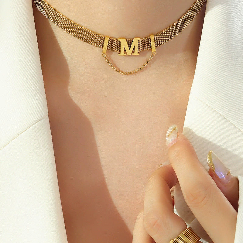 Titanium Steel Gold Plated Women's Jewelry Set With Letter M Tassel Pearl Collar Necklace And Bracelet - Image 7