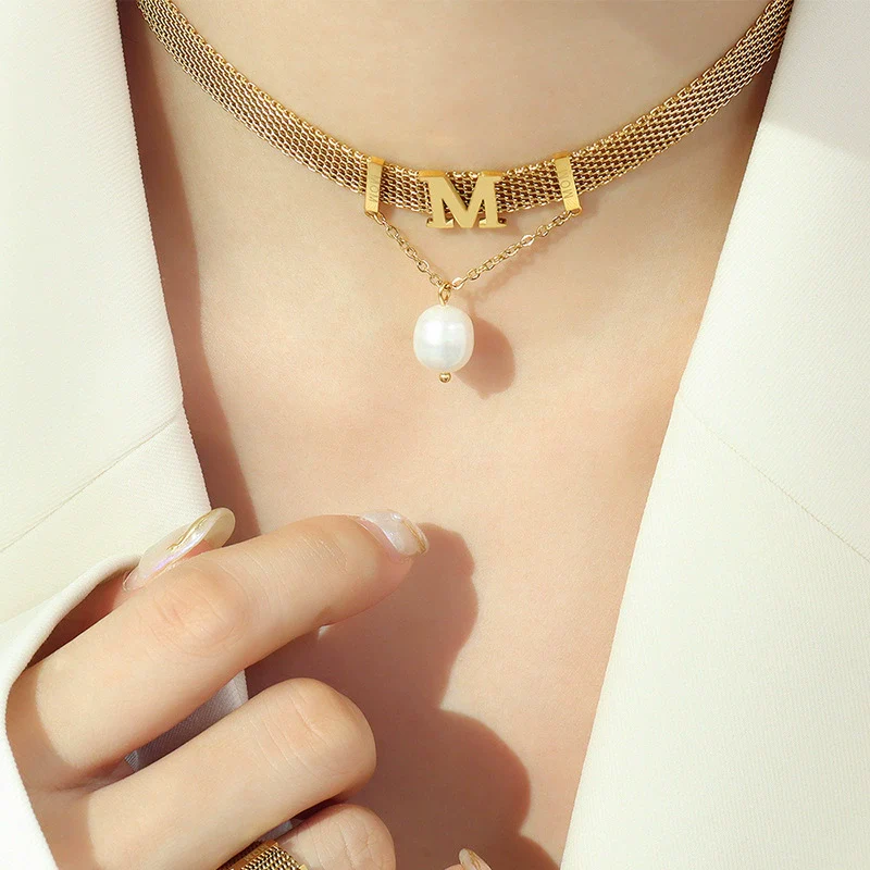 Titanium Steel Gold Plated Women's Jewelry Set With Letter M Tassel Pearl Collar Necklace And Bracelet - Image 8