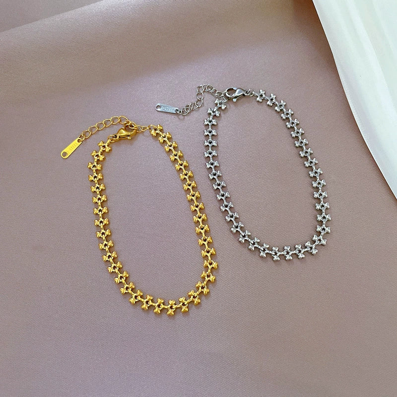 Titanium Steel Heart Dog Bone Chain Bracelet For Women With Gold Inlaid Constellation Pattern Retro Style - Image 3