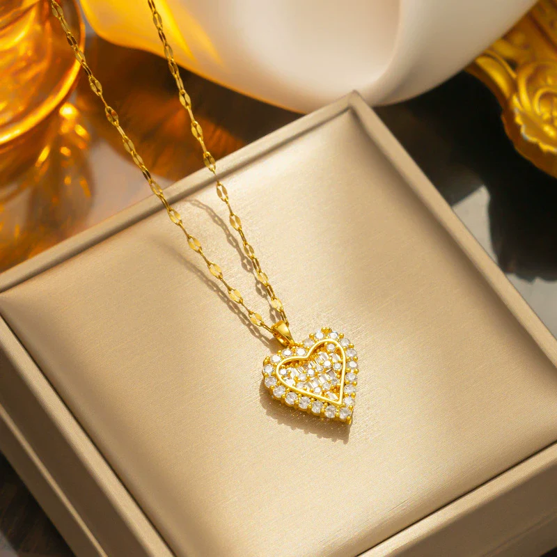 Titanium Steel Heart Zircon Inlaid Gold Pendant Necklace For Women Light Luxury Geometric Style Water Wave Chain - Image 2