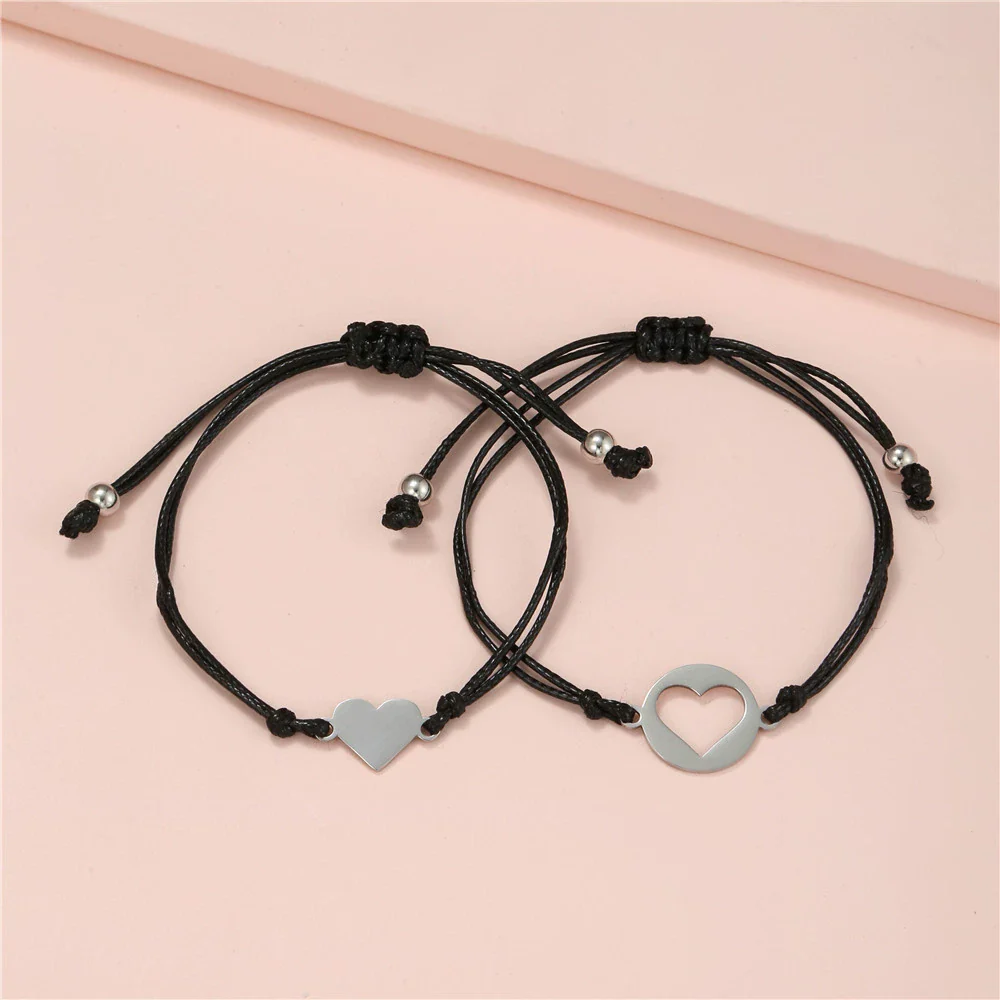 Titanium Steel Heartshaped Geometry Style Adjustable Unisex Bracelet 2Piece Set - Image 5