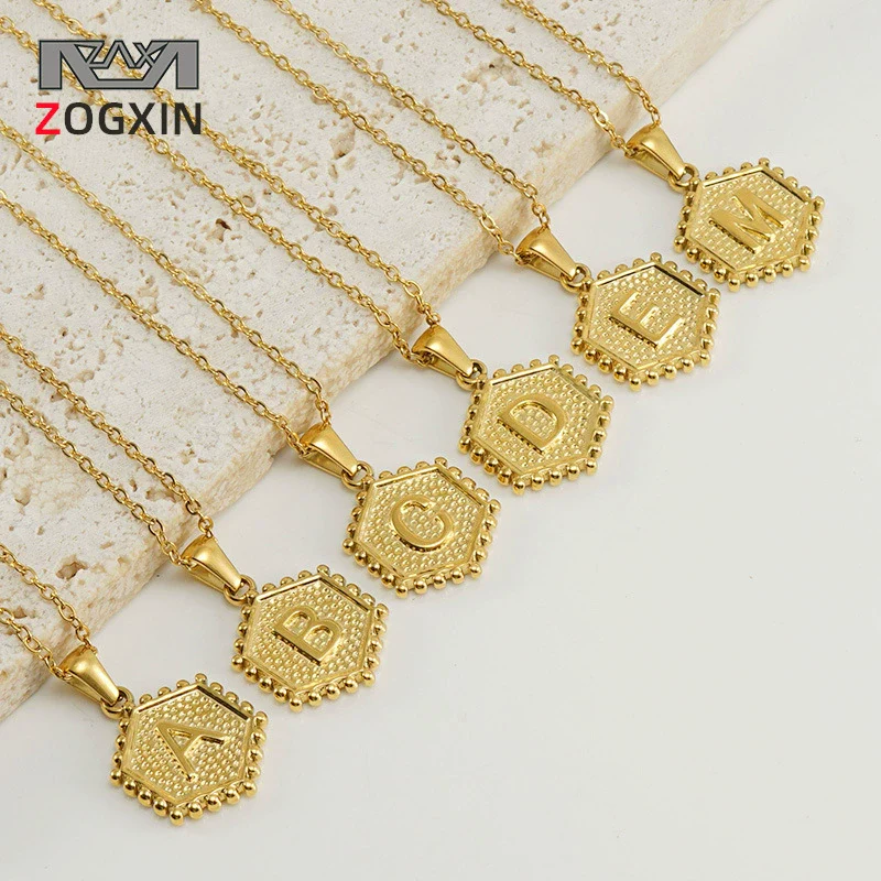 316L Stainless Steel Hexagonal Letter Pendant Necklace For Women With Electroplating And Ochain