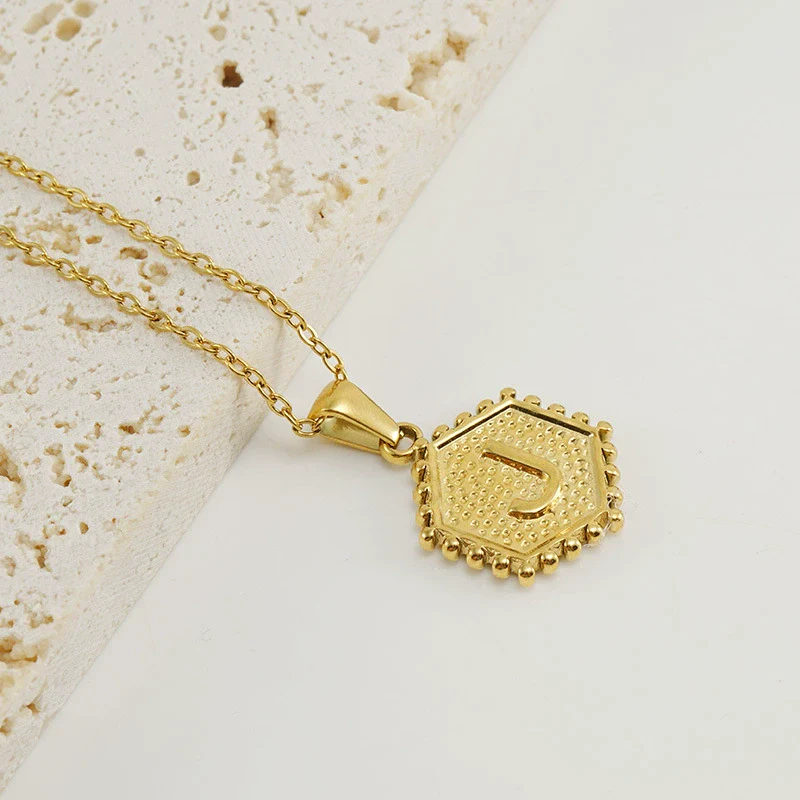316L Stainless Steel Hexagonal Letter Pendant Necklace For Women With Electroplating And Ochain - Image 15