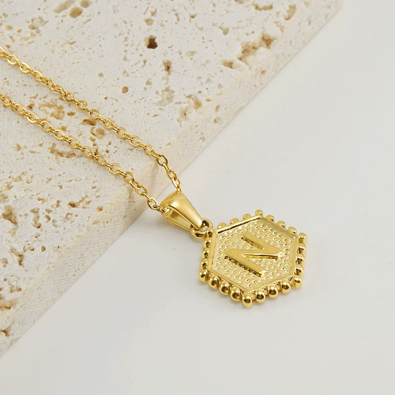 316L Stainless Steel Hexagonal Letter Pendant Necklace For Women With Electroplating And Ochain - Image 18