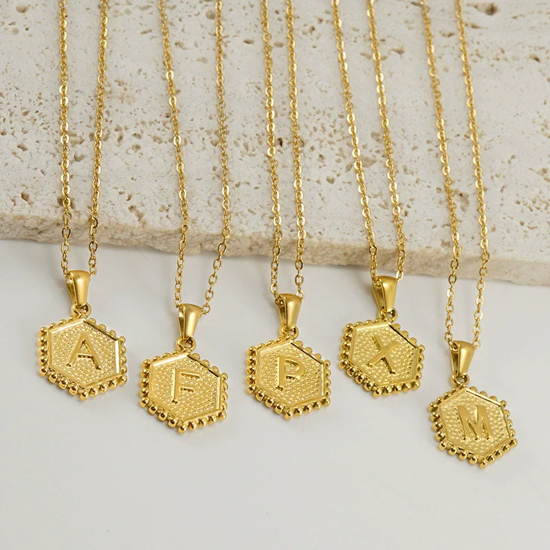 316L Stainless Steel Hexagonal Letter Pendant Necklace For Women With Electroplating And Ochain - Image 2
