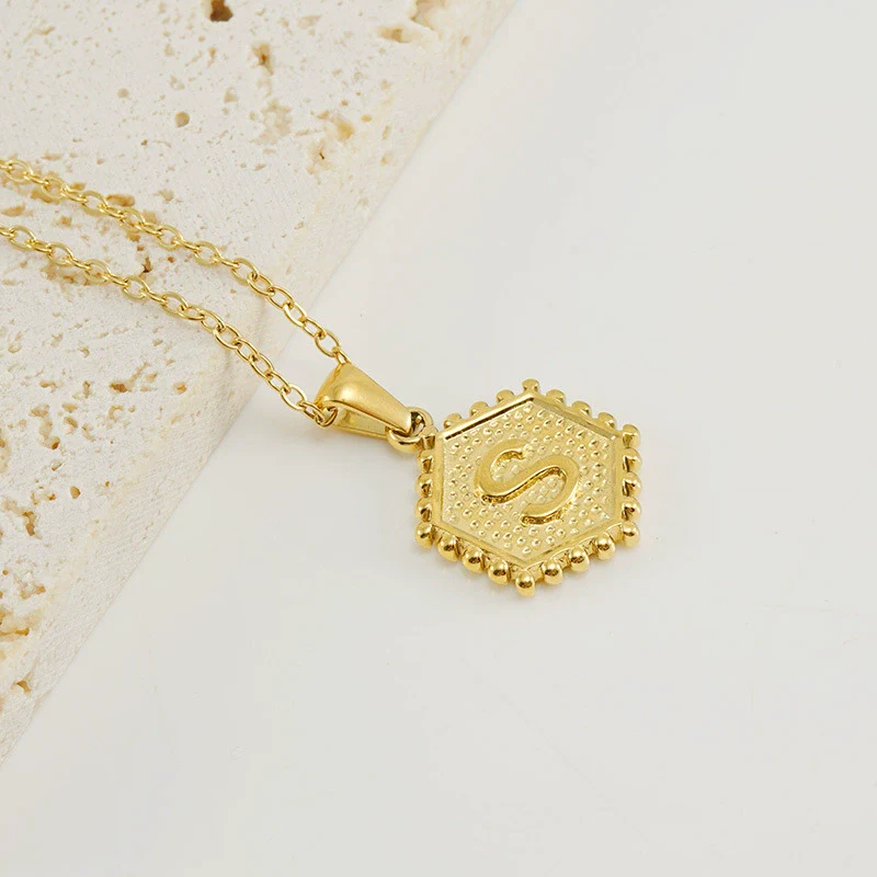 316L Stainless Steel Hexagonal Letter Pendant Necklace For Women With Electroplating And Ochain - Image 23