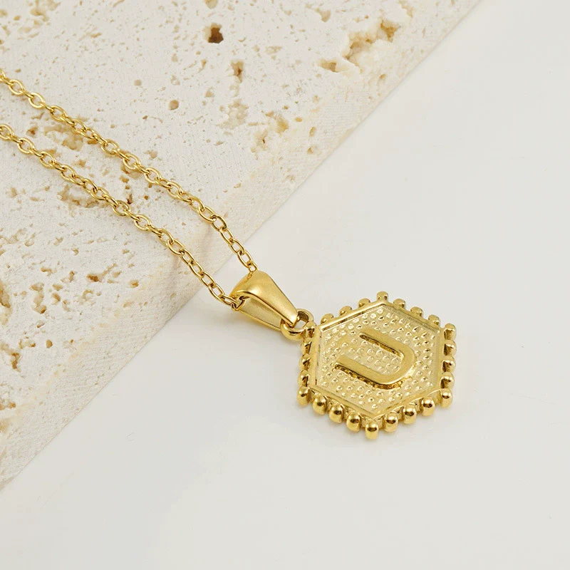 316L Stainless Steel Hexagonal Letter Pendant Necklace For Women With Electroplating And Ochain - Image 25