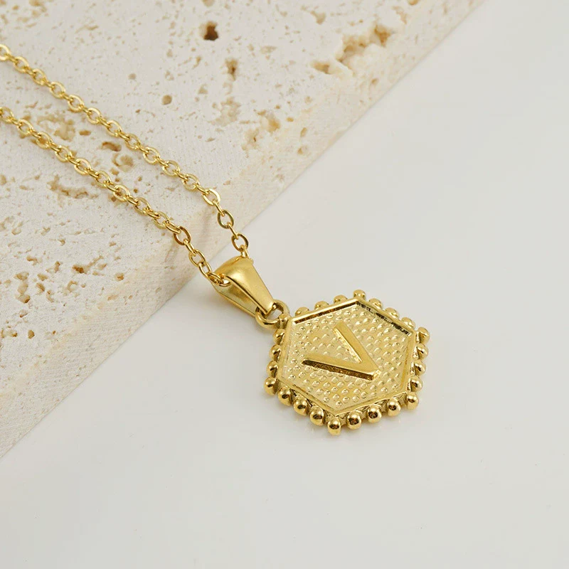 316L Stainless Steel Hexagonal Letter Pendant Necklace For Women With Electroplating And Ochain - Image 26