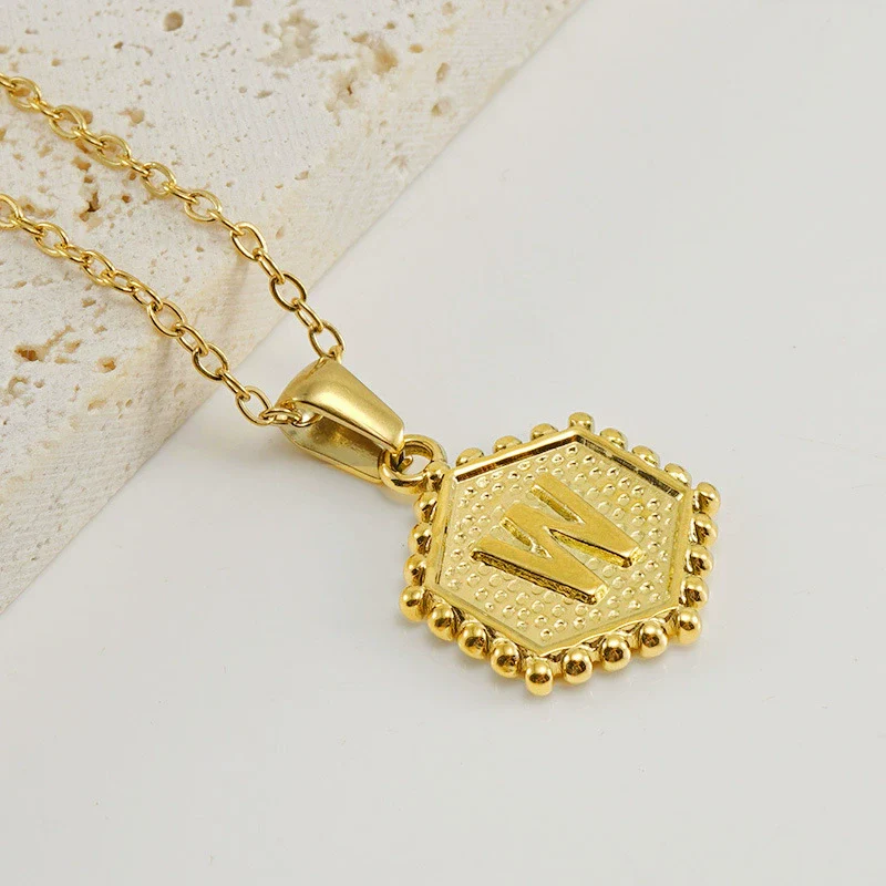 316L Stainless Steel Hexagonal Letter Pendant Necklace For Women With Electroplating And Ochain - Image 27