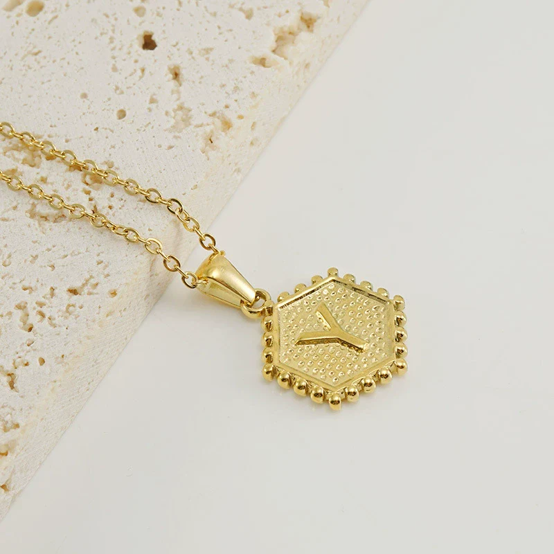 316L Stainless Steel Hexagonal Letter Pendant Necklace For Women With Electroplating And Ochain - Image 29