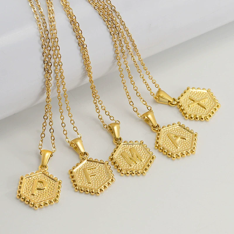 316L Stainless Steel Hexagonal Letter Pendant Necklace For Women With Electroplating And Ochain - Image 3