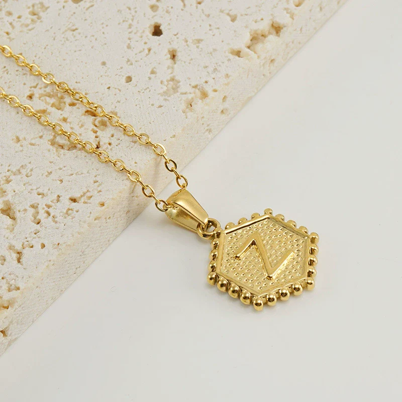 316L Stainless Steel Hexagonal Letter Pendant Necklace For Women With Electroplating And Ochain - Image 30