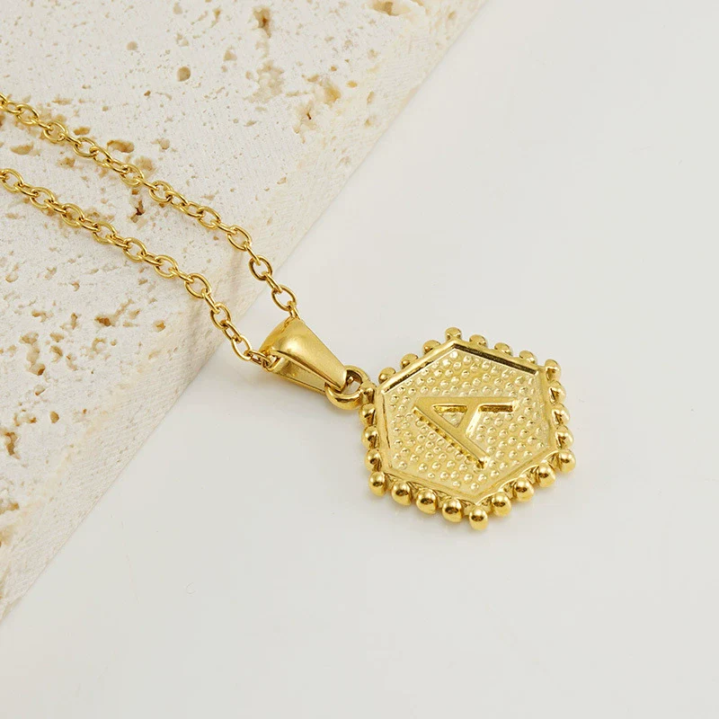 316L Stainless Steel Hexagonal Letter Pendant Necklace For Women With Electroplating And Ochain - Image 6