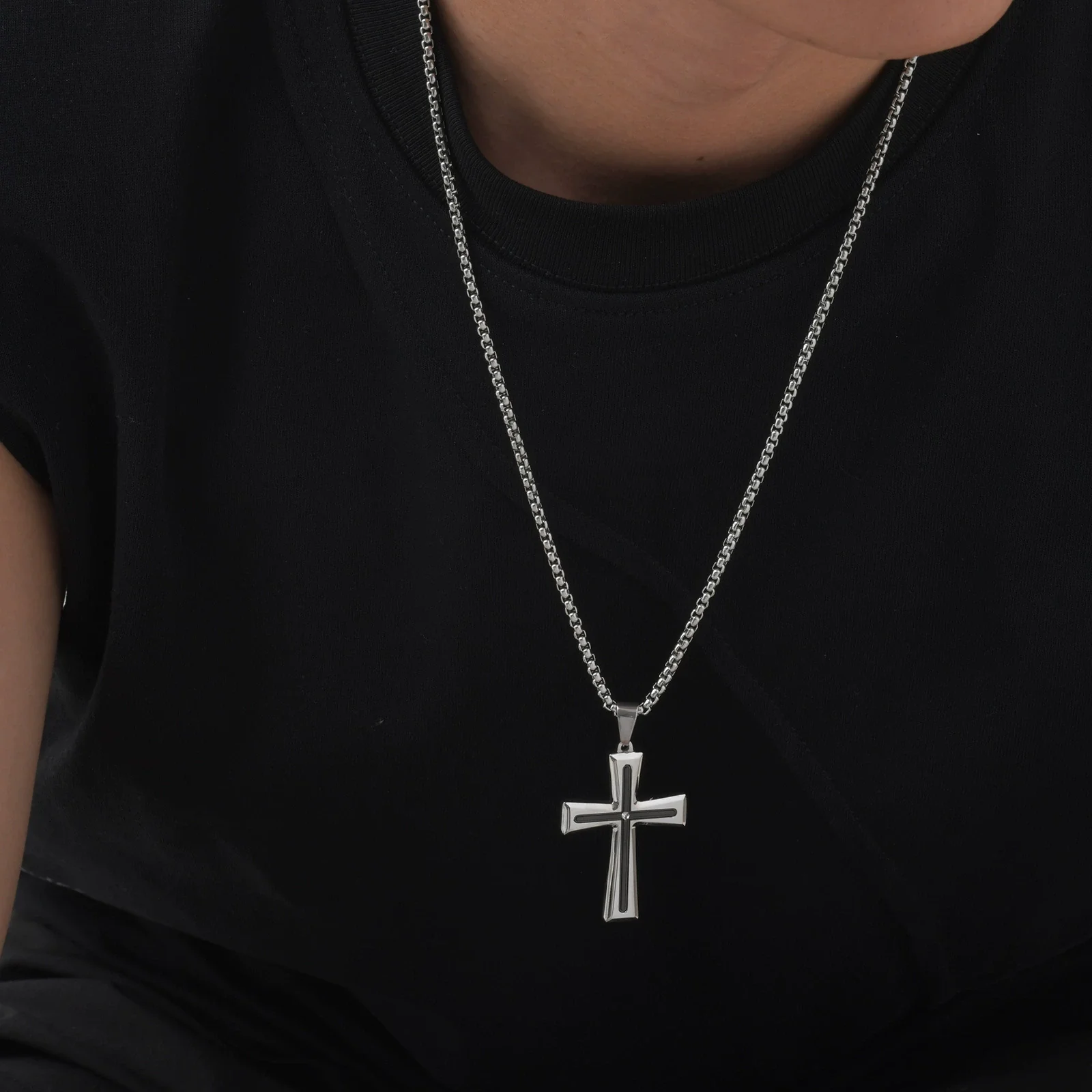 Titanium Steel Hiphop Stylish Geometric Micropaved Cross Pendant Necklace - Image 2