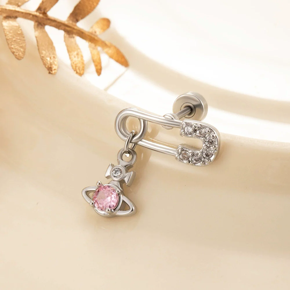 Titanium Steel Inlaid Zircon Saturn Pendant Women's Ear Bone Nail Earrings High Sense Style - Image 8