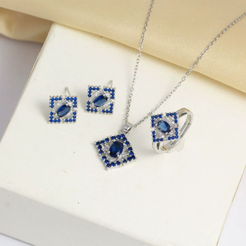 Titanium Steel Jewelry Set Geometric Mixed Gemstone Pendant Necklace Earrings Ring Clavicle Chain Electroplated