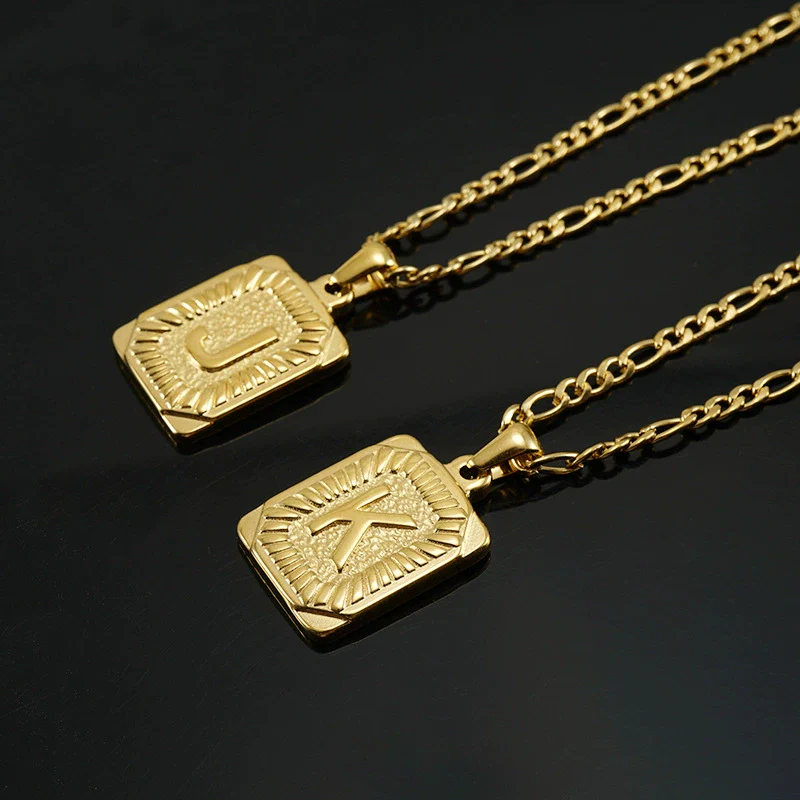 316L Stainless Steel Letter Pendant Necklace For Men Figaro Chain - Image 3