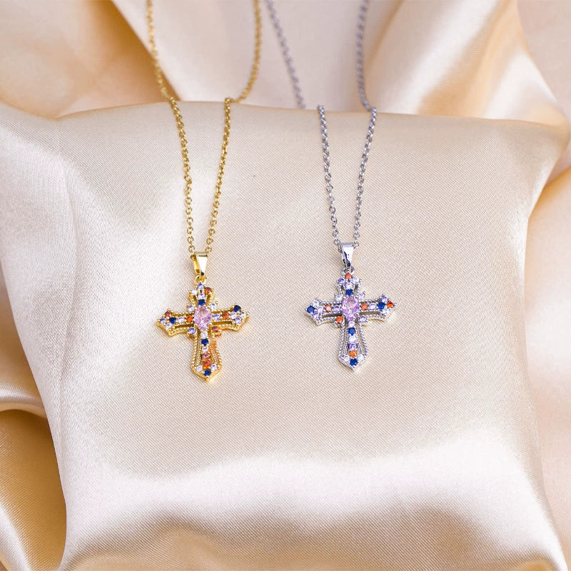 Titanium Steel Multicolored Gemstones Cross Pendant O Word Chain Unisex Light Luxury Highend Clavicle Chain Jewelry With Electroplating