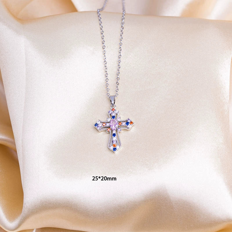 Titanium Steel Multicolored Gemstones Cross Pendant O Word Chain Unisex Light Luxury Highend Clavicle Chain Jewelry With Electroplating - Image 2