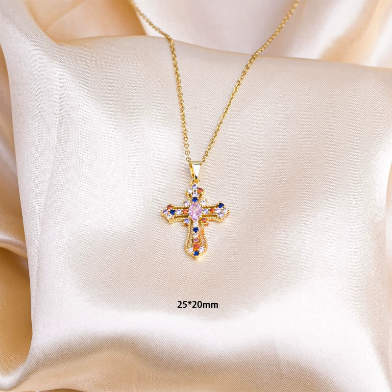 Titanium Steel Multicolored Gemstones Cross Pendant O Word Chain Unisex Light Luxury Highend Clavicle Chain Jewelry With Electroplating - Image 5