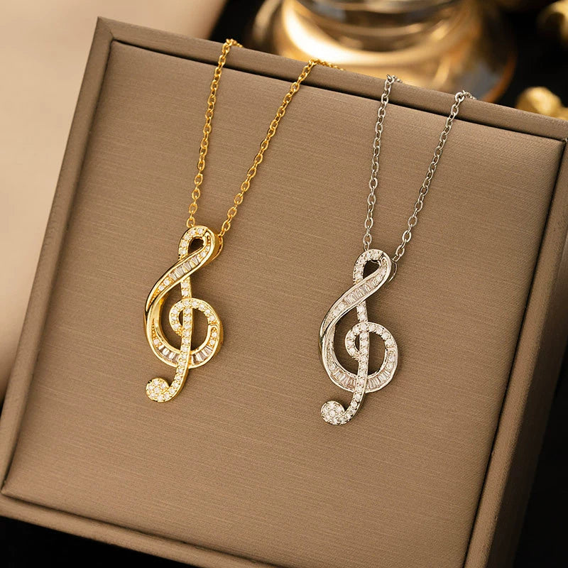 Titanium Steel Music Note Pendant Necklace With Full Diamond Gemstone Electroplated Unisex O Word Chain Jewelry