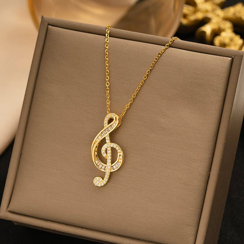 Titanium Steel Music Note Pendant Necklace With Full Diamond Gemstone Electroplated Unisex O Word Chain Jewelry - Image 2