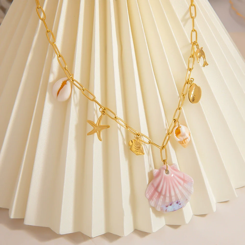 Titanium Steel Necklace With Conch Shell Starfish Pendant Geometric Shape Electroplated For Women - Image 3