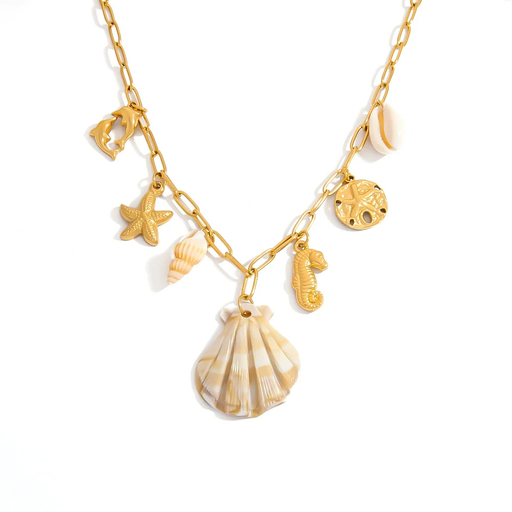Titanium Steel Necklace With Conch Shell Starfish Pendant Geometric Shape Electroplated For Women - Image 5