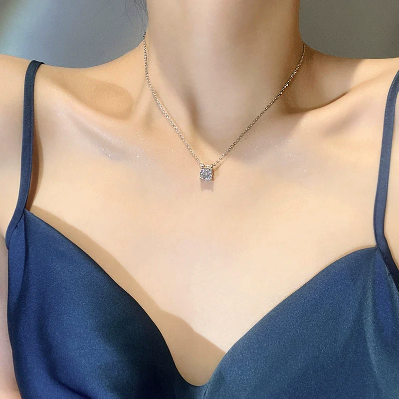 Titanium Steel Necklace With Geometric Zircon Pendant And Diamond Design For Women - Image 4