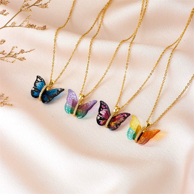 Titanium Steel O Chain Necklace For Women With Gold Plated Mixed Gemstone Inlay Simulation Butterfly Pendant In Light Luxury Style And Electroplating Treatment - Image 2