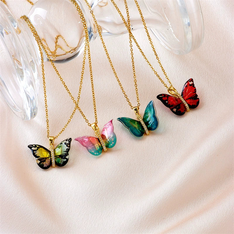 Titanium Steel O Chain Necklace For Women With Gold Plated Mixed Gemstone Inlay Simulation Butterfly Pendant In Light Luxury Style And Electroplating Treatment - Image 3