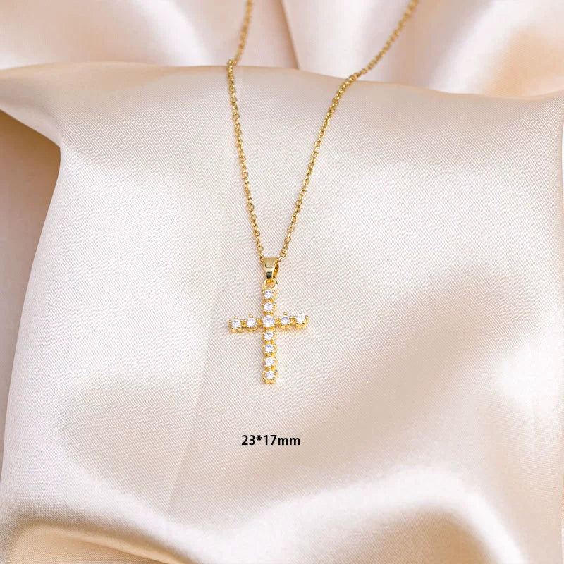 Titanium Steel O Word Chain Necklace With Cross Pendant Mixed Gemstone Setting Electroplating Design For Unisex - Image 4