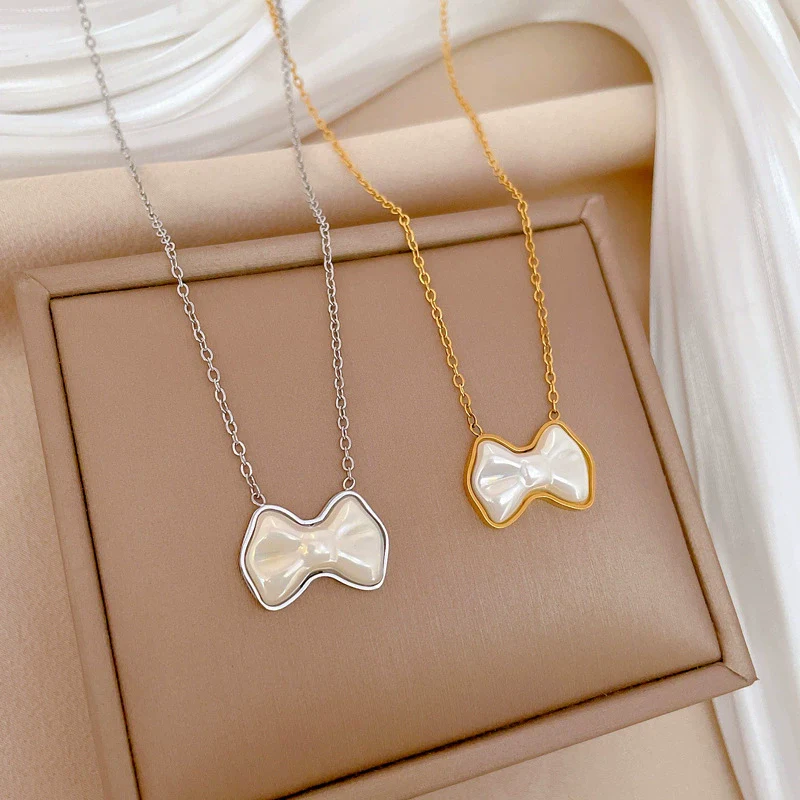 Titanium Steel Pearl Bow Geometric Cartoon Style Electroplated Unisex Necklace - Image 3