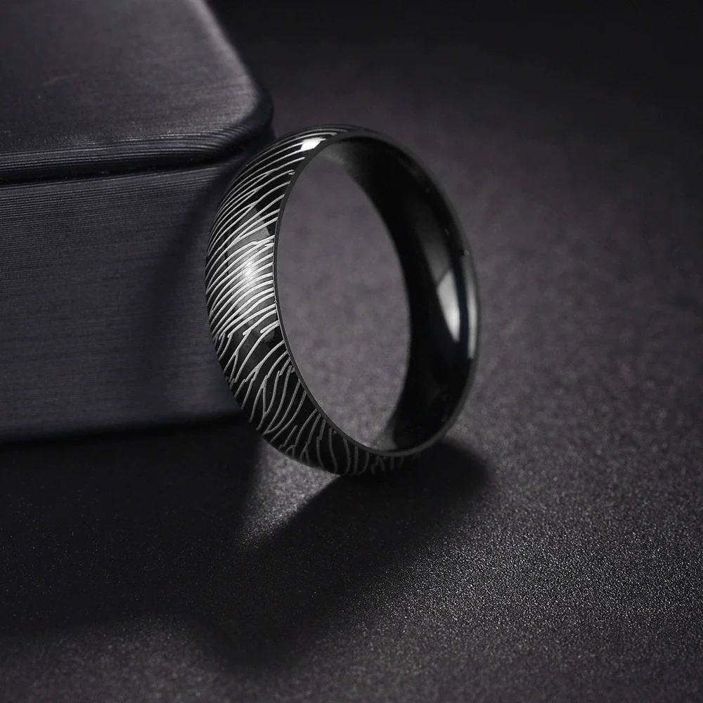 Titanium Steel Ring With Geometric Damascus Steel Pattern And Electroplating For Unisex - Image 2