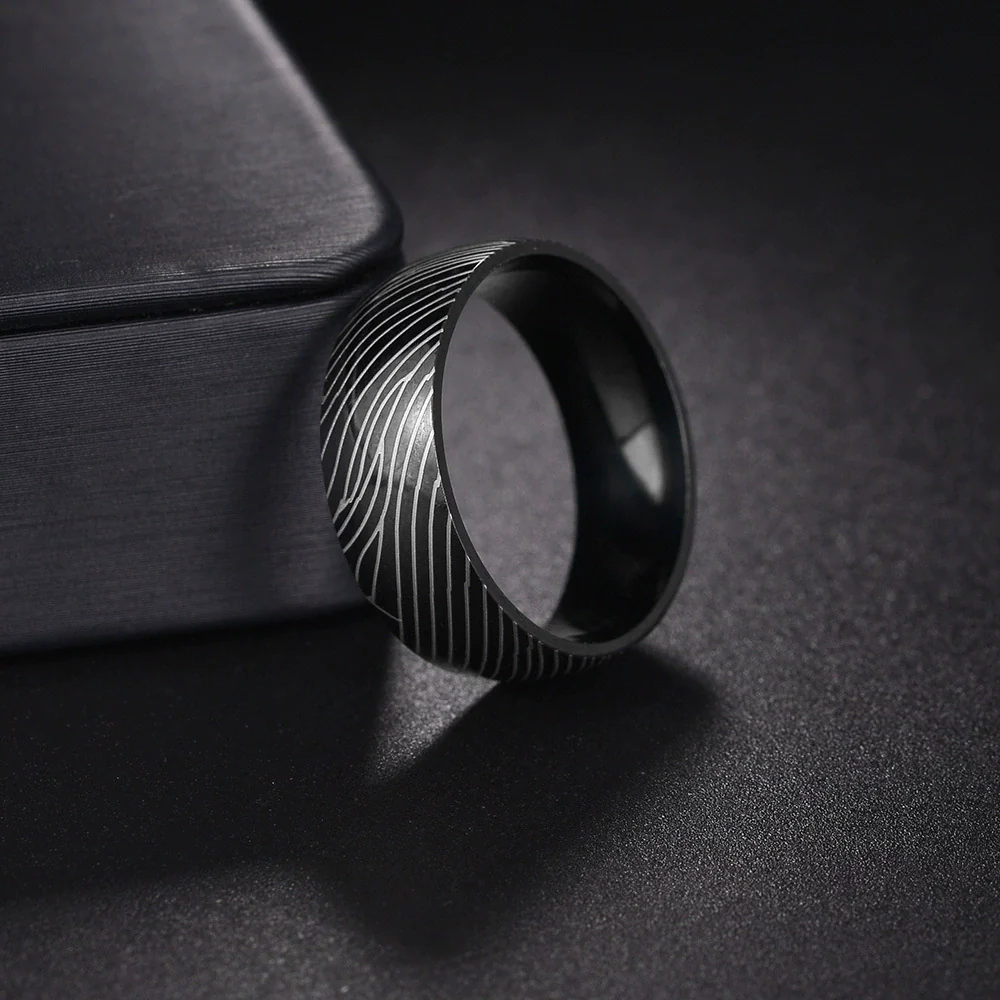 Titanium Steel Ring With Geometric Damascus Steel Pattern And Electroplating For Unisex - Image 3