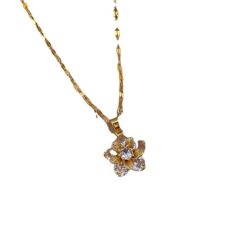 Titanium Steel Snowflake Zircon Pendant Necklace Microinlaid Copperplated Real Gold Geometric Cartoon Style For Female - Image 5