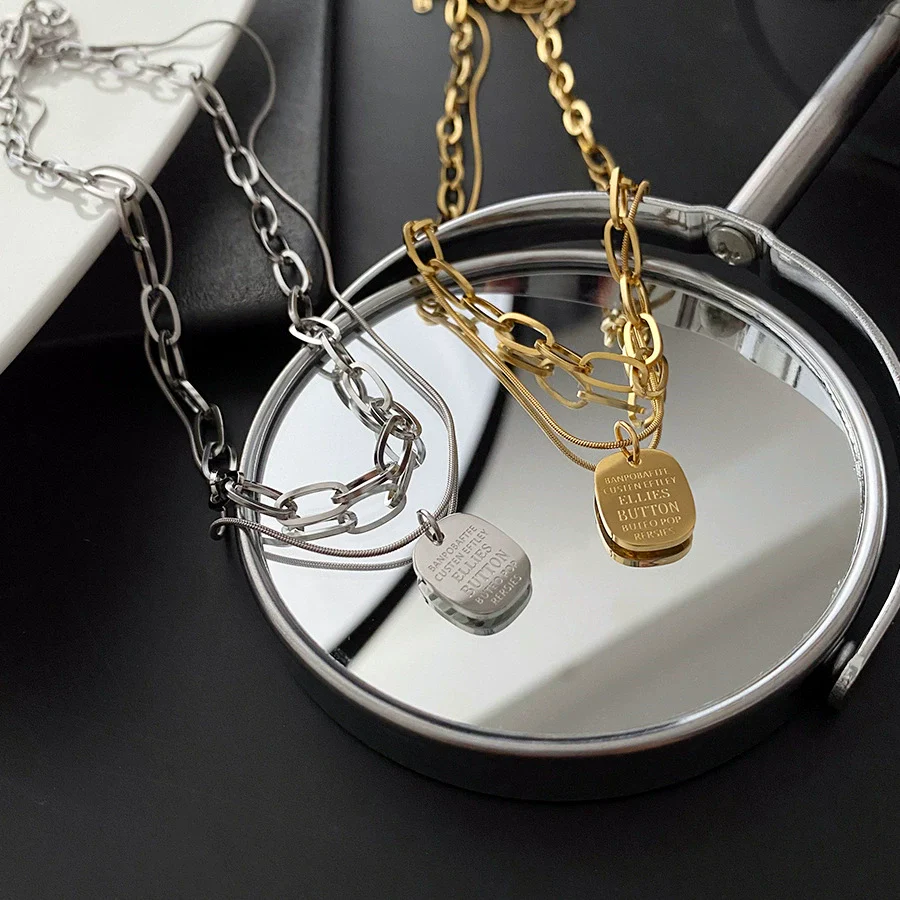 Titanium Steel Square Snake Bone Chain Double Layer Overlapping Collarbone Necklace With Geometric Pattern Light Luxury Style Jewelry For Female