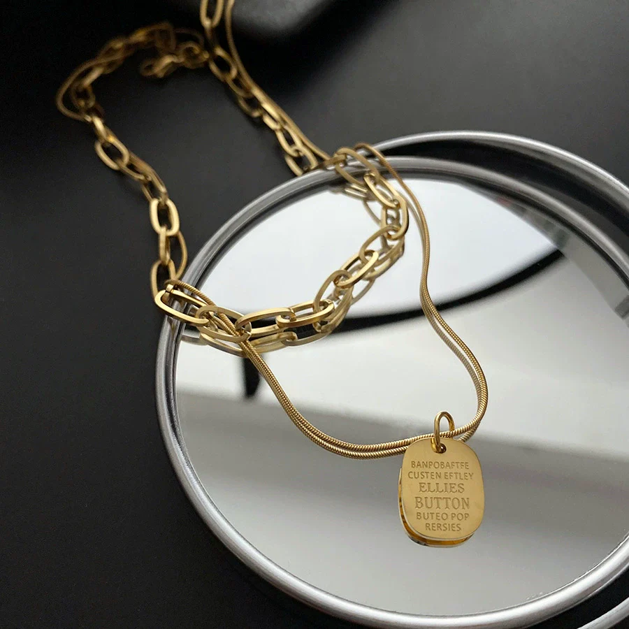 Titanium Steel Square Snake Bone Chain Double Layer Overlapping Collarbone Necklace With Geometric Pattern Light Luxury Style Jewelry For Female - Image 3