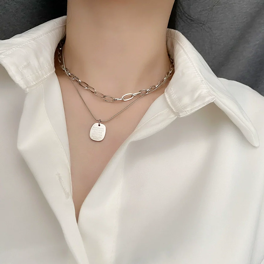 Titanium Steel Square Snake Bone Chain Double Layer Overlapping Collarbone Necklace With Geometric Pattern Light Luxury Style Jewelry For Female - Image 4